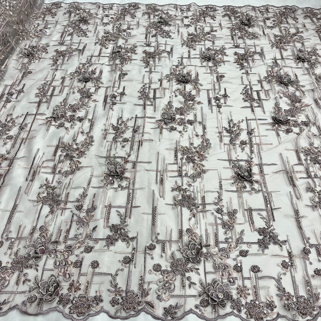 1 Yard Beaded Rhinestone 3D Floral Lace Fabric for Wedding Gowns and Dance Costumes 50" Width